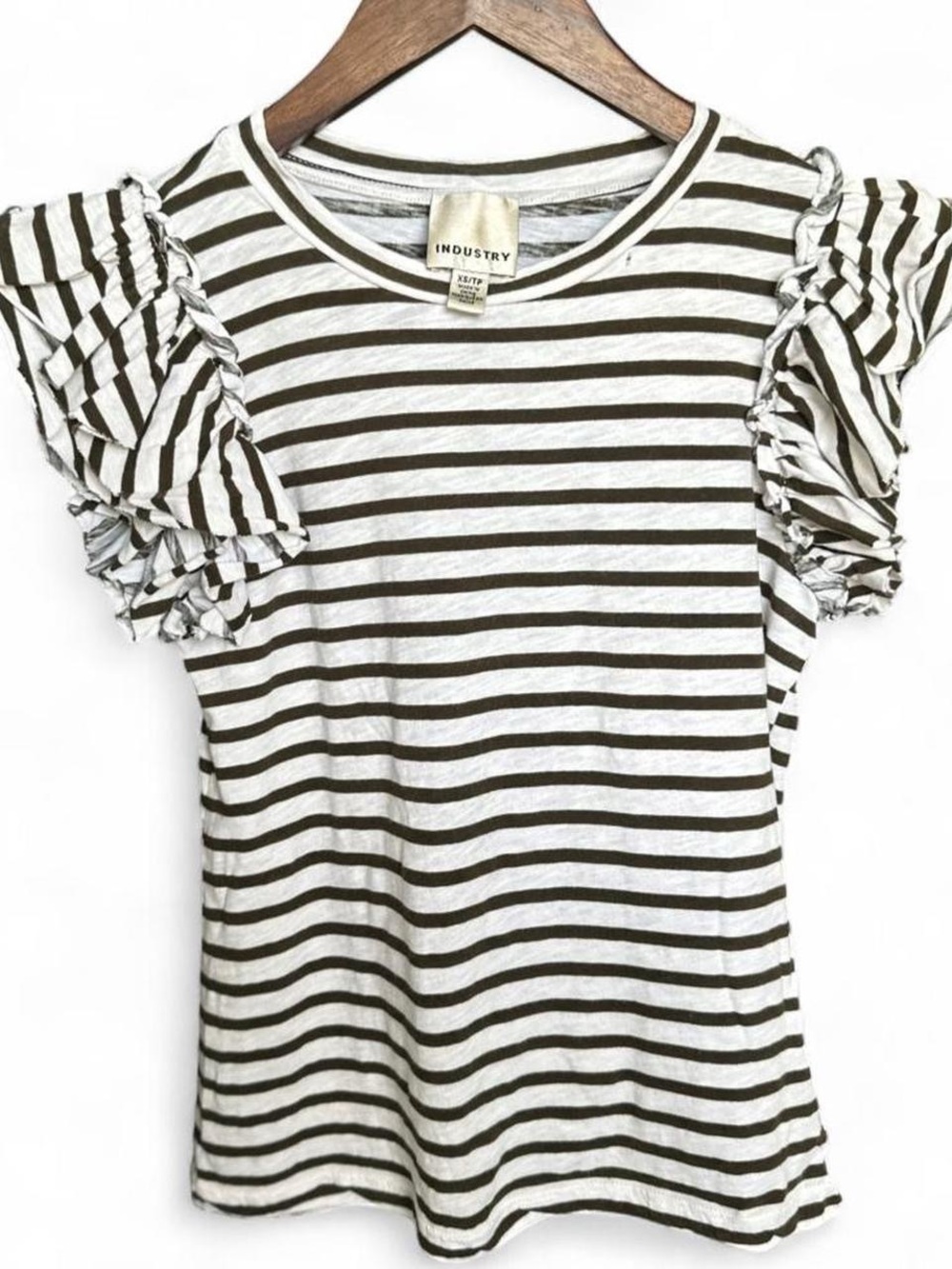 INDUSTRY Striped Ruffle Sleeve Tee 100% Pima Cotton
